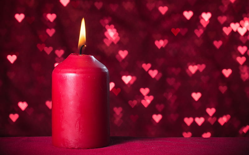 burning candle, romantic background, pink background, big pink candle, background with red hearts, HD wallpaper