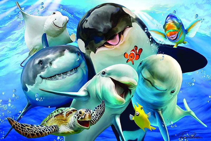Selfie, underwater, luminos, fish, turtle, animal, sea, shark, dolphin, fantasy, water, summer, funny, howard robinson, blue, HD wallpaper
