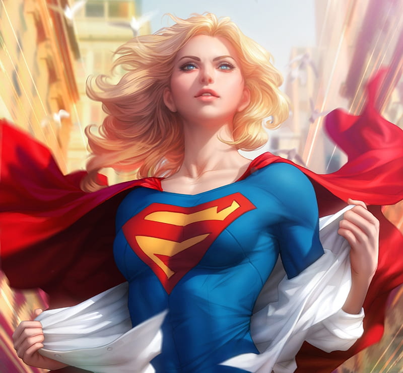 Supergirl, red, frumusete, blond, luminos, comics, stanley artgerm lau, fantasy, blue, HD wallpaper