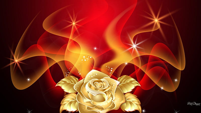 Golden Rose Flames, stars, rose, shine, abstract, fire, gold, flame, bright, flower, HD wallpaper