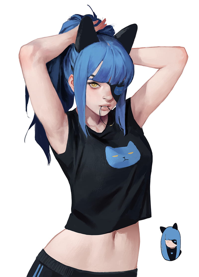 blue hair, hands on head, cats, blue, belly, looking at viewer, yellow eyes, HD phone wallpaper
