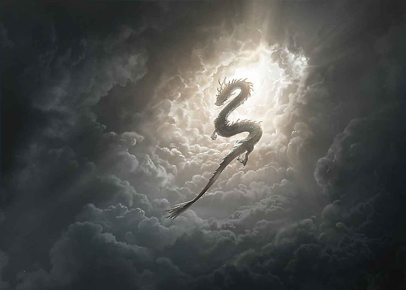 Dragon, cloud, sky, fantasy, luminos, flint chen, HD wallpaper