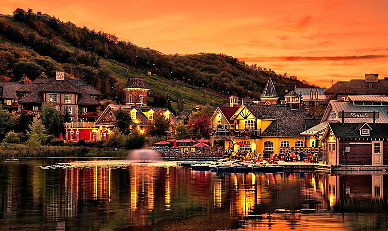 Beautiful Place, hills, house, houses, town, sunset, sky, clouds, lake, naturem, water, splendor, peaceful, HD wallpaper