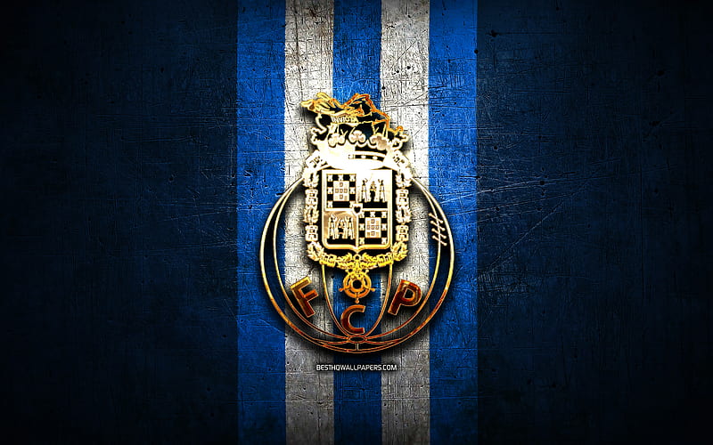 Porto FC, golden logo, Primeira Liga, blue metal background, football, FC Porto, portuguese football club, FC Porto logo, soccer, Portugal, HD wallpaper