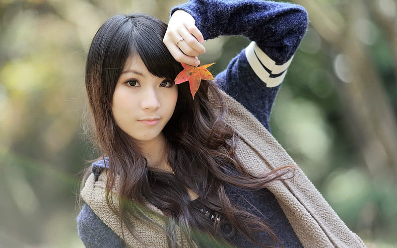Maple Leaf-oriental beauty girl, HD wallpaper