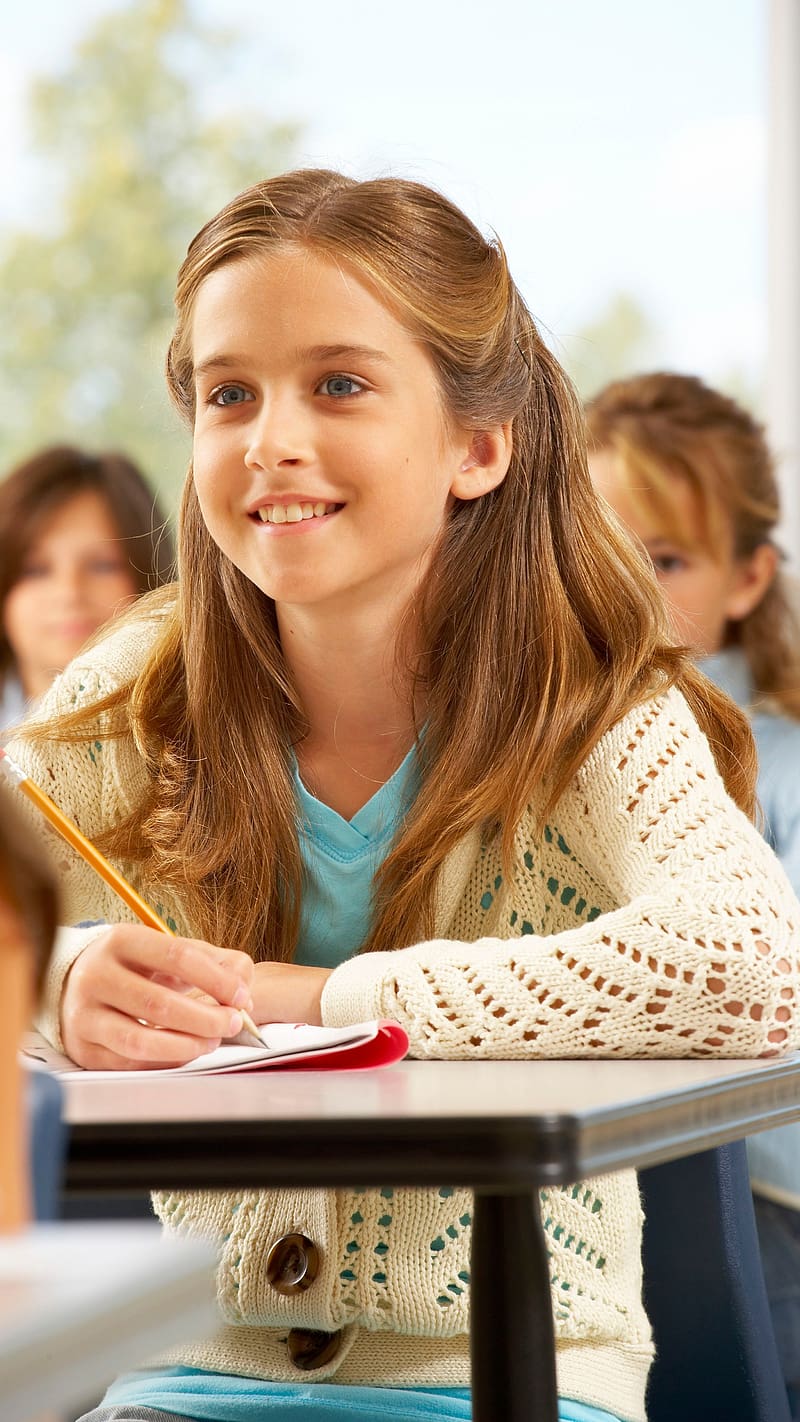 Small Girl Studying In School, study, small girl, writing, learning, book, pencil, education, HD phone wallpaper