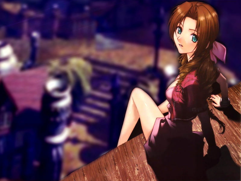 Pensive Aerith, town, video games, aerith, above, final fantasy, watching, HD wallpaper