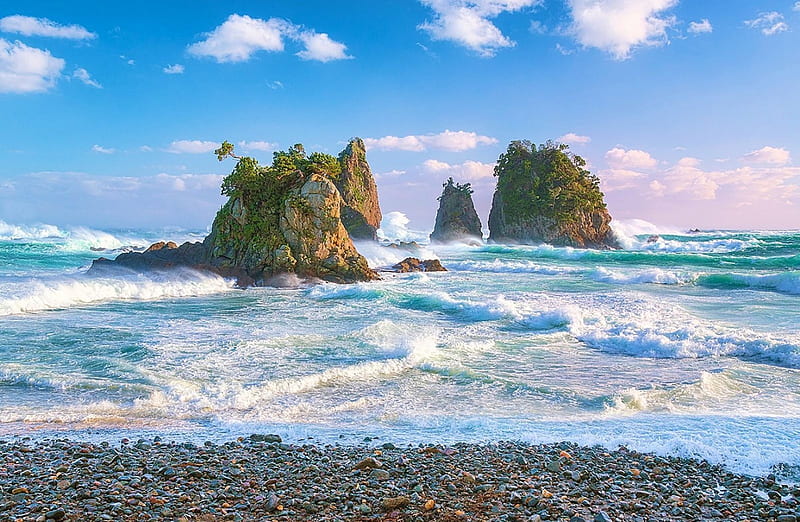 Minokakeiwa Islets, rocks, japan, ocean, bonito, waves, clouds, afternoon light, seashore, stone beach, HD wallpaper