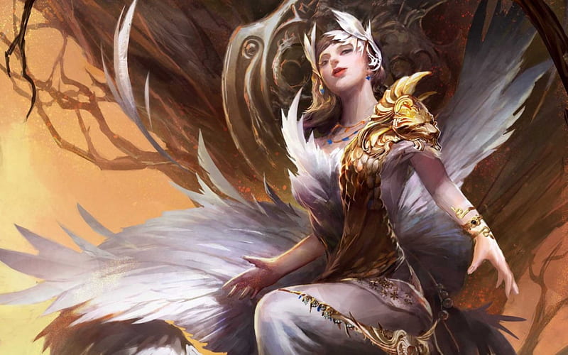 Angel, legend of cryptids, wings, golden, queen, game, yellow, woman, fantasy, girl, feather, white, HD wallpaper
