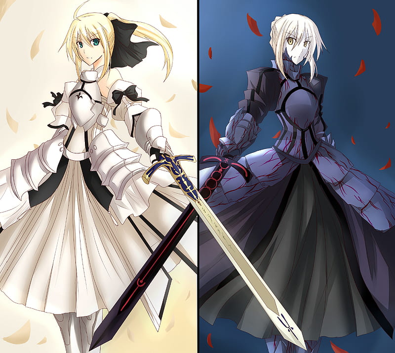 Crossing Swords, saber, dark saber, saber lily, fate zero, fate stay night, anime, long hair, swords, female, saber alter, skirt, blonde hair, weapons, armor, females, petals, armour, HD wallpaper