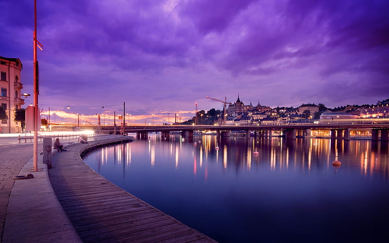 Stockholm, Sweden, reflections, embankment, night, lights, HD wallpaper