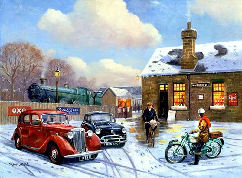 Vintage Travel, carros, train, snow, painting, railways, artwork, motorcycle, winter, HD wallpaper