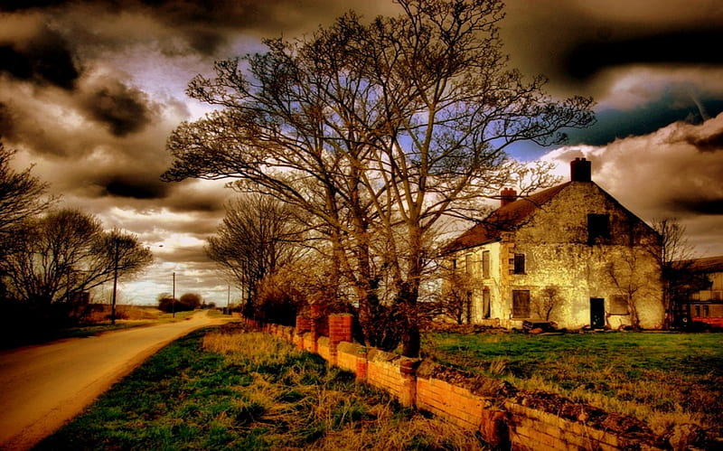 Country House, brick wall, house, england, trees, sky, clouds, stormy, lincolnshire england, fields, road, HD wallpaper