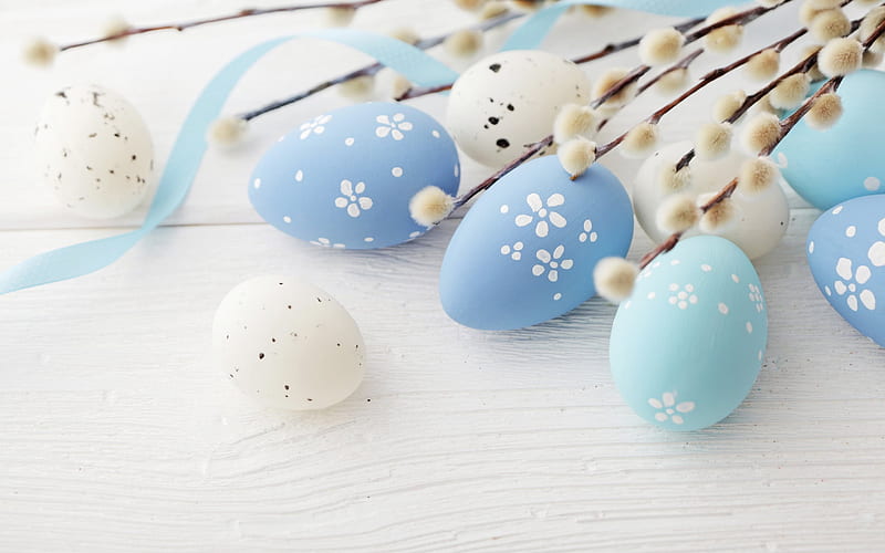 Easter, willow, spring, blue easter eggs, easter decoration, HD wallpaper