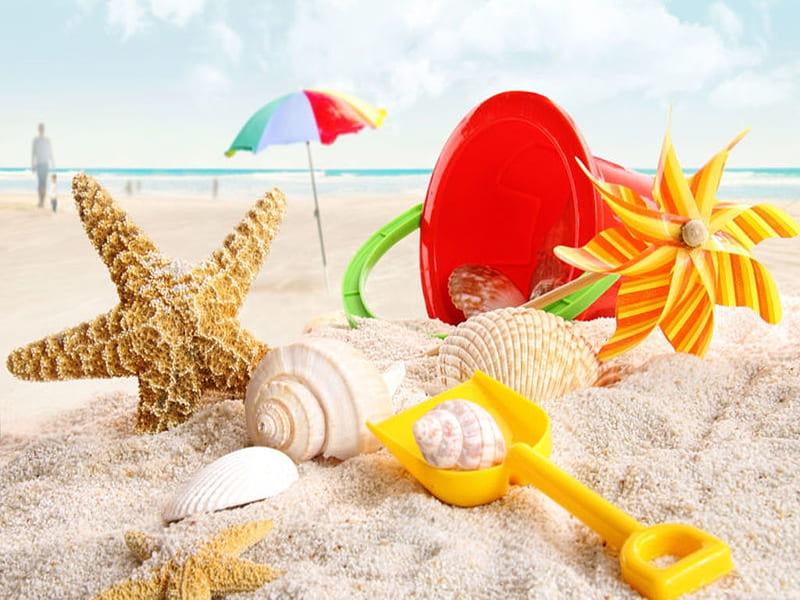 beach, Starfish, Sand, Toy, Umbrella, Shell, Children, HD wallpaper