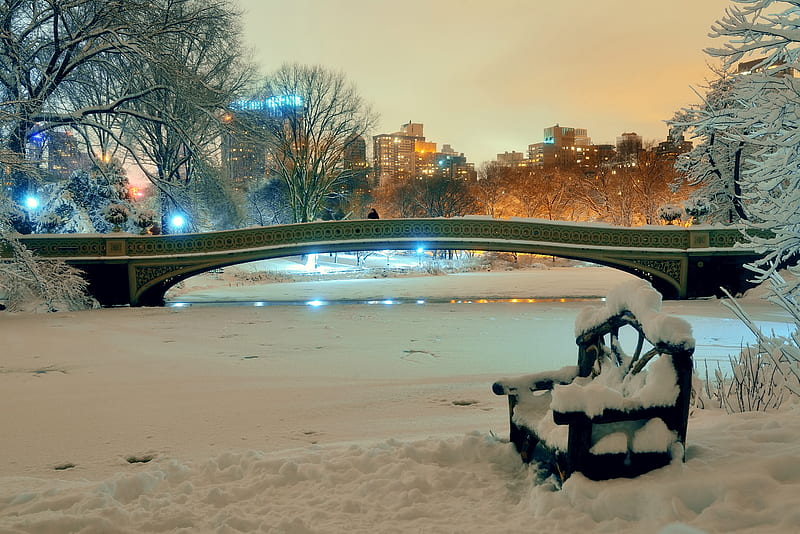 Bow Bridge Central Park, New York City, Winter, Parks, Pond, Snow, Lights, Bench, HD wallpaper