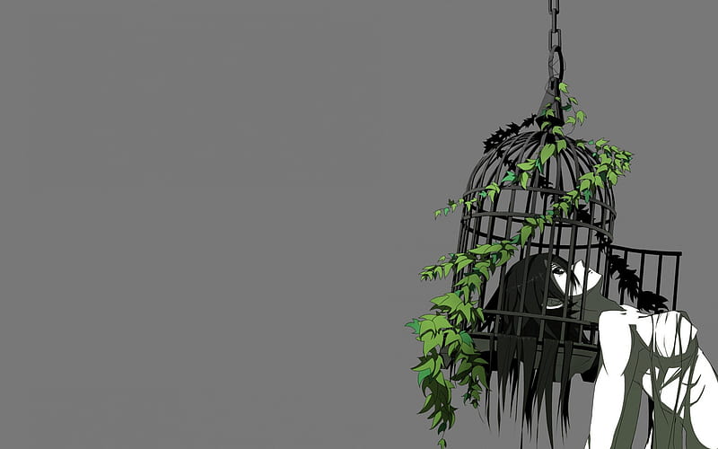 Caged, black, abstract, leafs, hair, cage, agony, bird, bush, anime, grief, sorrow, nature, confusion, HD wallpaper