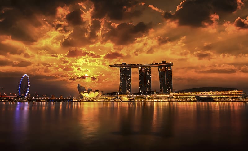 Sunset, Singapore, , Marina Bay Sands, Art Science Museum, HD wallpaper