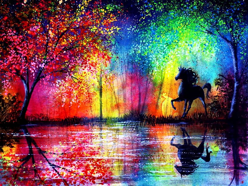 Abstract Horse Scene f, art, equine, rainbow, horse, abstract, artwork, animal, painting, wide screen, HD wallpaper