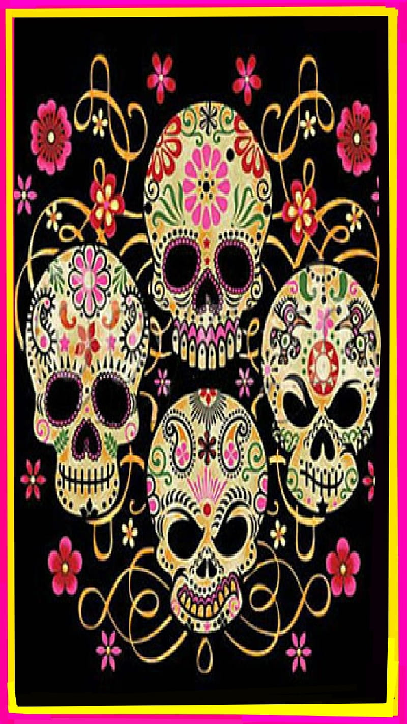 4 heads, sugar, skull, skulls, love, dead, colorful, HD phone wallpaper