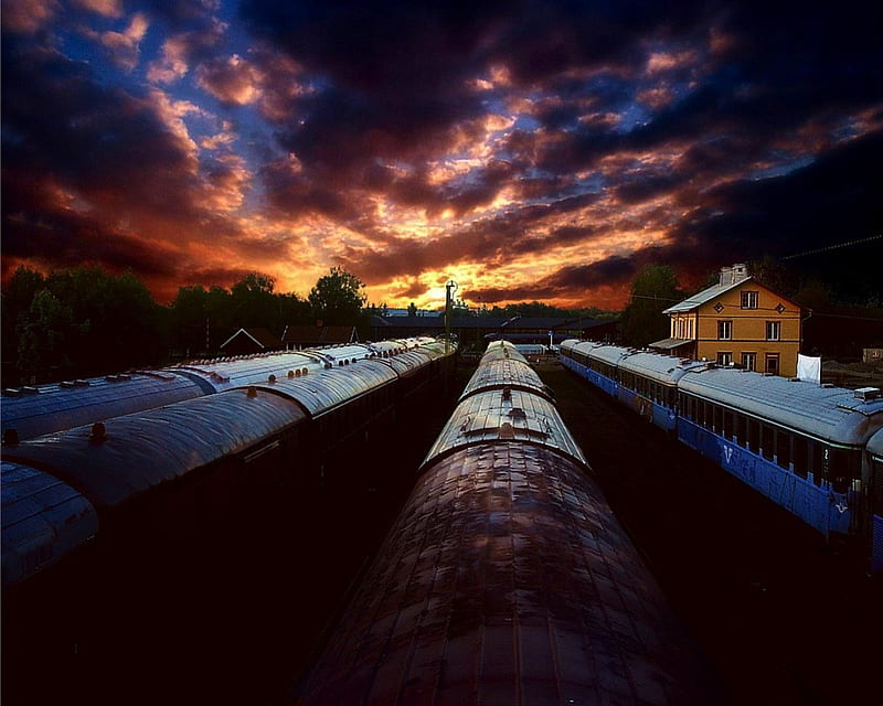 TRAINS AT SUNSET, locomotives, trains, railway stations, sky, clouds, coaches, skies, railroads, colours, evening, night, HD wallpaper
