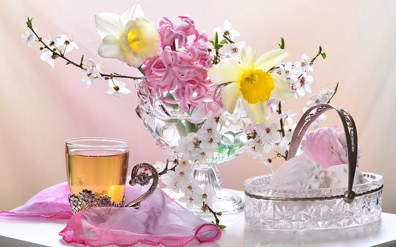 Still life, glass, flower, yellow, cup, spring, tea, pink, HD wallpaper