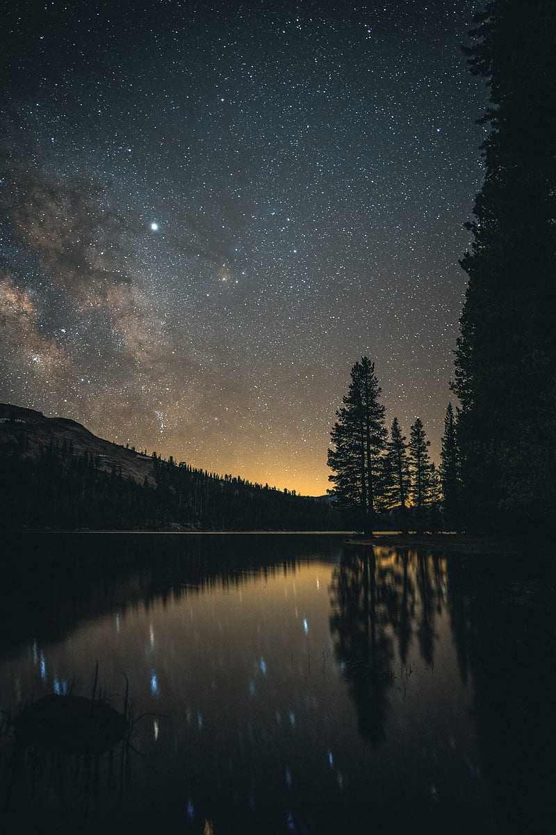 lake, night, starry sky, landscape, dark, HD phone wallpaper