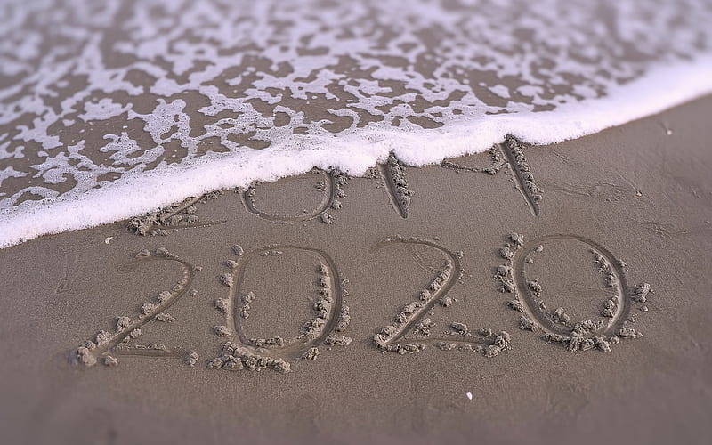 New Year 2020, beach, evening, sunset, 2020 on the sand, 2020 concepts, waves, sea breeze, HD wallpaper