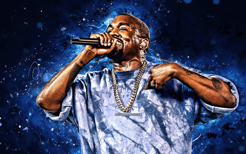 Kanye West, 2020 blue neon lights, american rapper, music stars, creative, Kanye West with microphone, Kanye Omari West, american celebrity, Kanye West, HD wallpaper