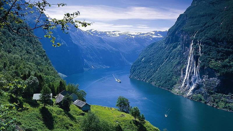 spectacular view of a norwegian fjord, ship, mountains, cabins, fjors, meadow, waterfalls, HD wallpaper