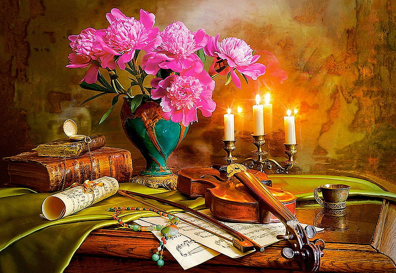 Still Life, violin, books, documents, painting, flowers, candles, HD wallpaper