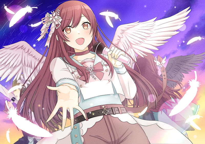 oosaki amana, the idolmaster shiny colors, singing, wings, long hair, feathers, Anime, HD wallpaper