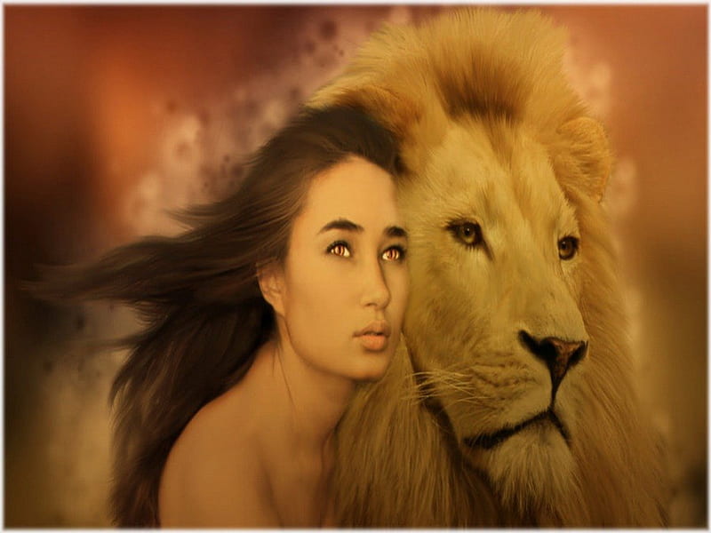 A special Friend, fantasy, woman, lion, friends, HD wallpaper