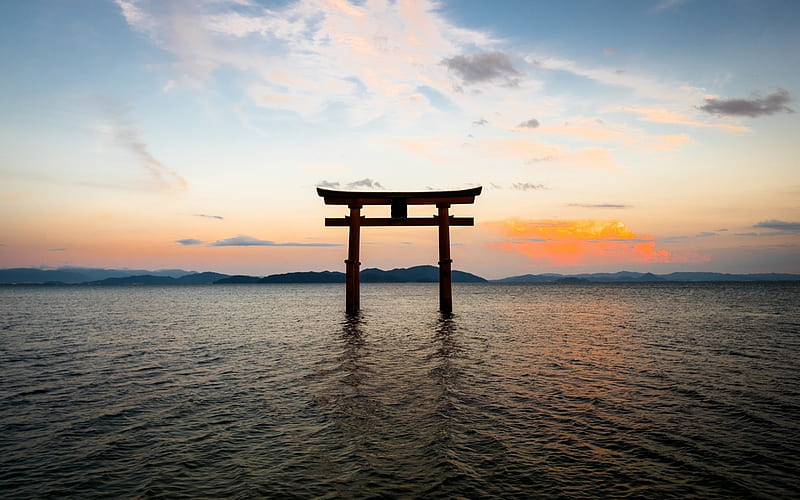 Torii, traditional Japanese gate, japan, sunset, ocean, gate in the water, HD wallpaper