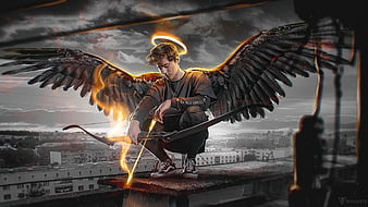 Angel Boy With Dark Wings, angel, wings, artist, artwork, digital-art, HD wallpaper