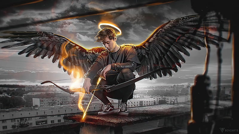 Angel Boy With Dark Wings , angel, wings, artist, artwork, digital-art, HD wallpaper