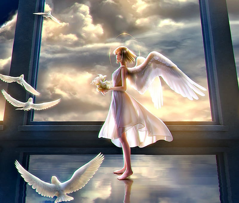 Angel, takaki, wings, cloud, luminos, manga, girl, bird, anime, white, blue, HD wallpaper