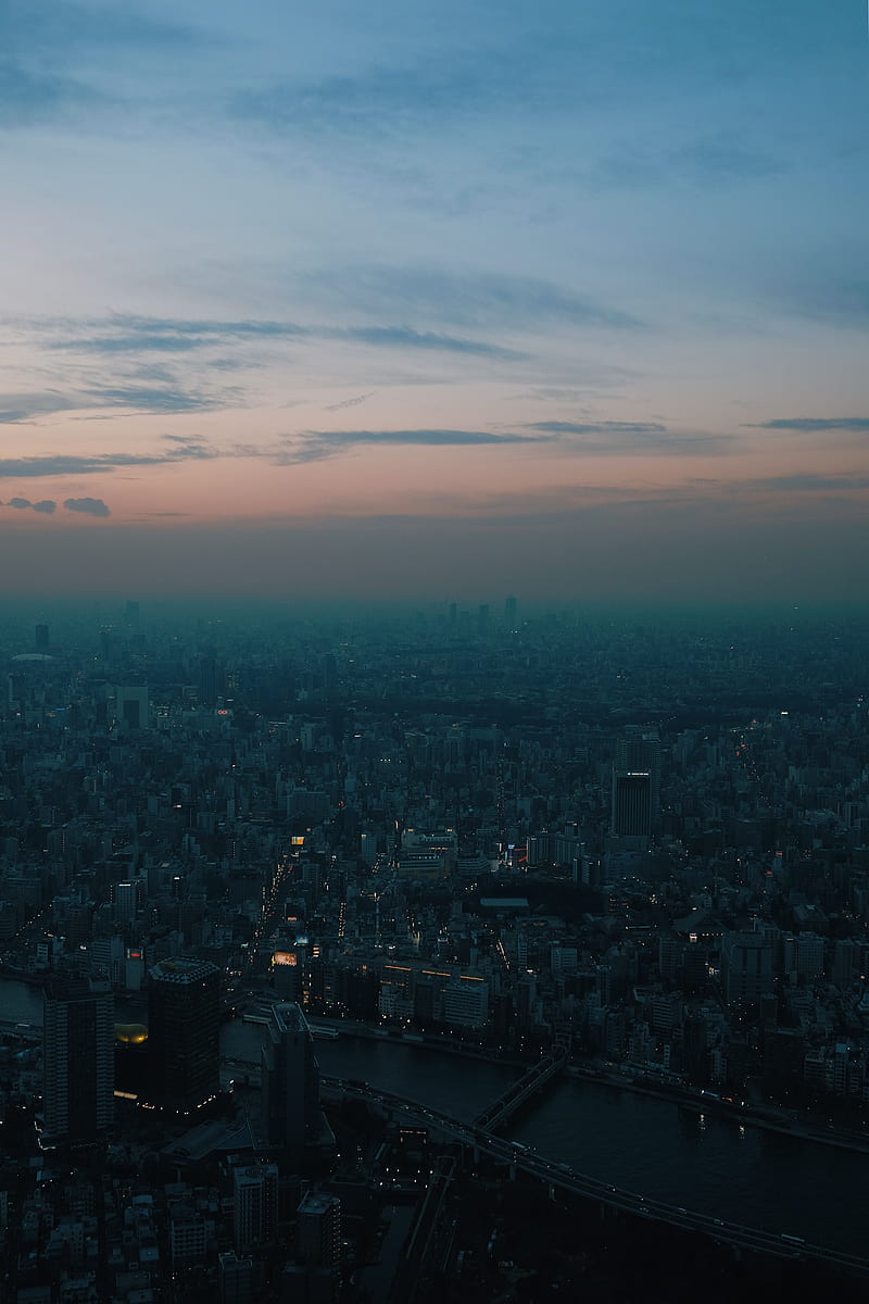 city, dawn, aerial view, smog, metropolis, HD phone wallpaper