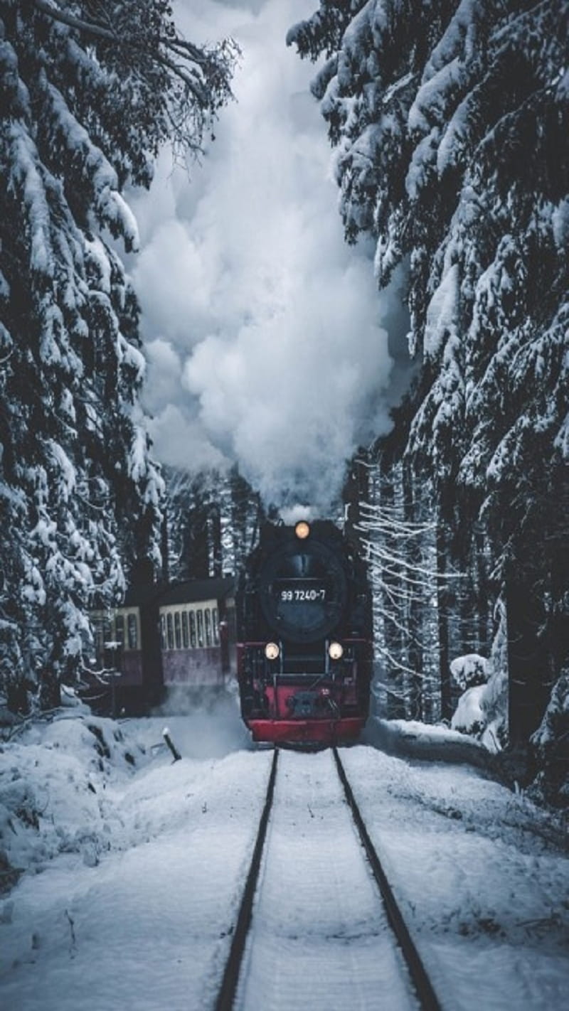 loco locomotive, train, trains, steam, track, snow, winter, green, cloud, clouds, HD phone wallpaper