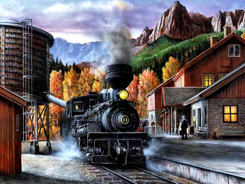 Mountain Express F1C, railroad, art, locomotive, artwork, depot, train, engine, painting, station, tracks, HD wallpaper