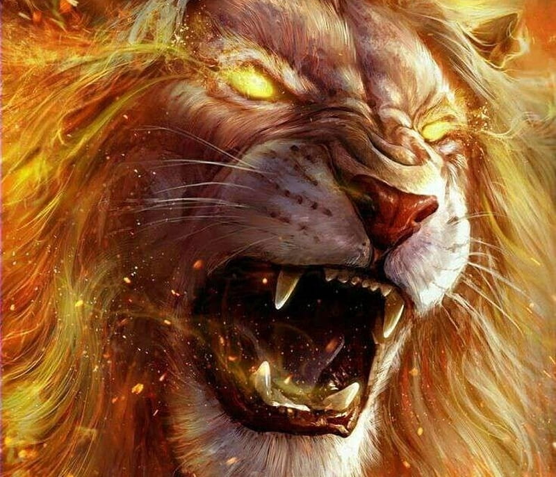 Lion, fire, face, leu, fantasy, HD wallpaper
