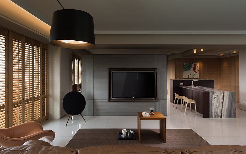 stylish interior, living room, gray walls, kitchen, dining room, modern interior design, stylish black chandelier, HD wallpaper