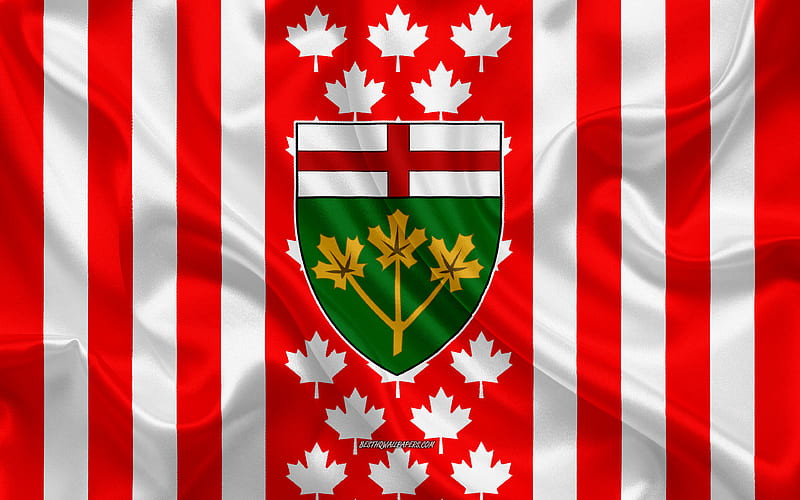 Coat of arms of Ontario, Canadian flag, silk texture, Ontario, Canada, Seal of Ontario, Canadian national symbols, HD wallpaper