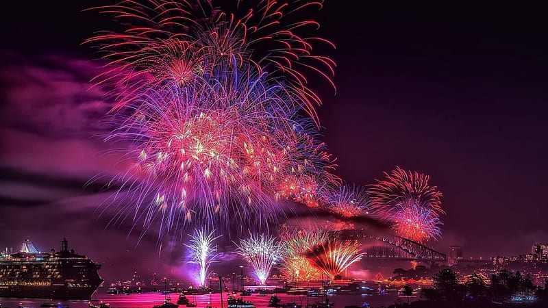 fireworks in sidney harbor r, cruise ship, city, boats, firewirks, bridge, r, harbor, night, HD wallpaper