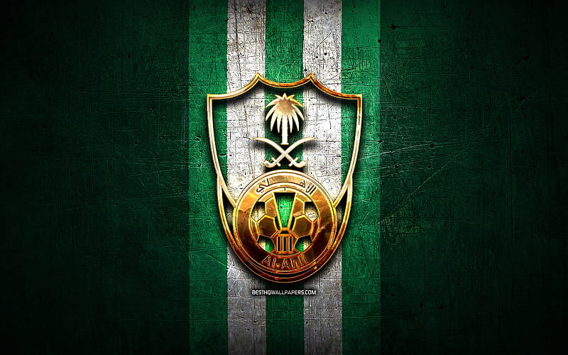 Al Ahli Saudi FC, golden logo, Saudi Professional League, green metal background, football, saudi football club, Al Ahli Saudi FC logo, soccer, Al-Ahli Saudi FC, HD wallpaper