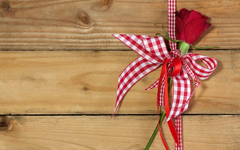 For you!, red, christmas, rose, bow, valentine, texture, flower, white, wood, HD wallpaper