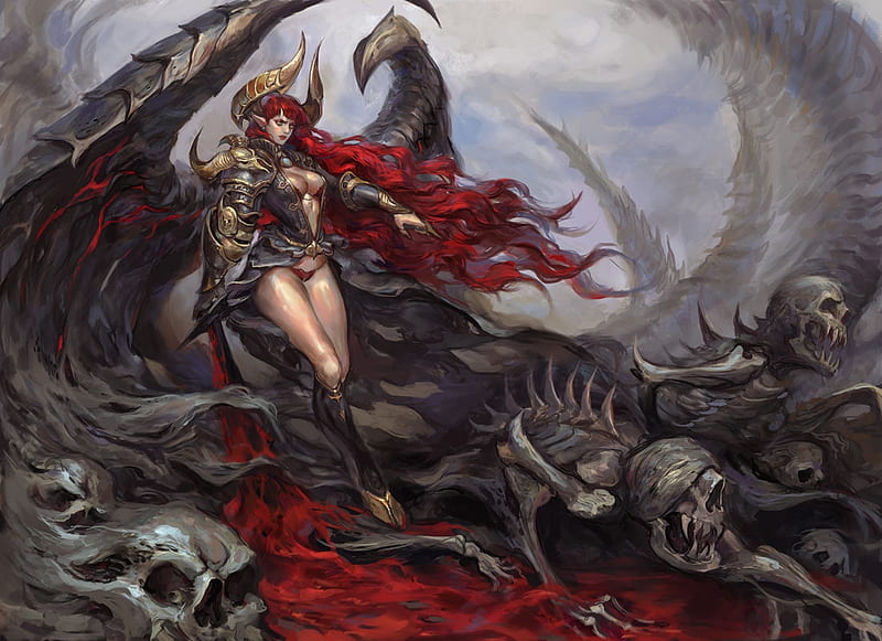 Demoness, wings, death, luminos, redhead, black, horns, demon, fantasy, girl, bones, skull, HD wallpaper