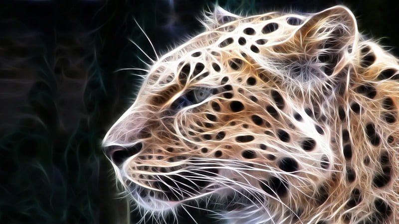 Leopard, big cat, brown, livingdoll, black, cat, tan, whiskers, big, green, fractal, white, pink, blue, HD wallpaper