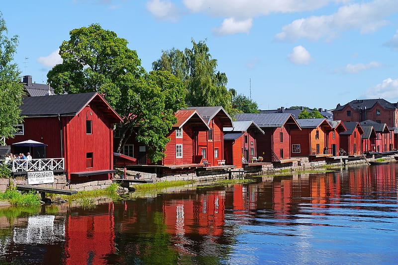 Wooden Houses, Scandinavia, Red, River, Architecture, Lake, Wooden, Houses, HD wallpaper