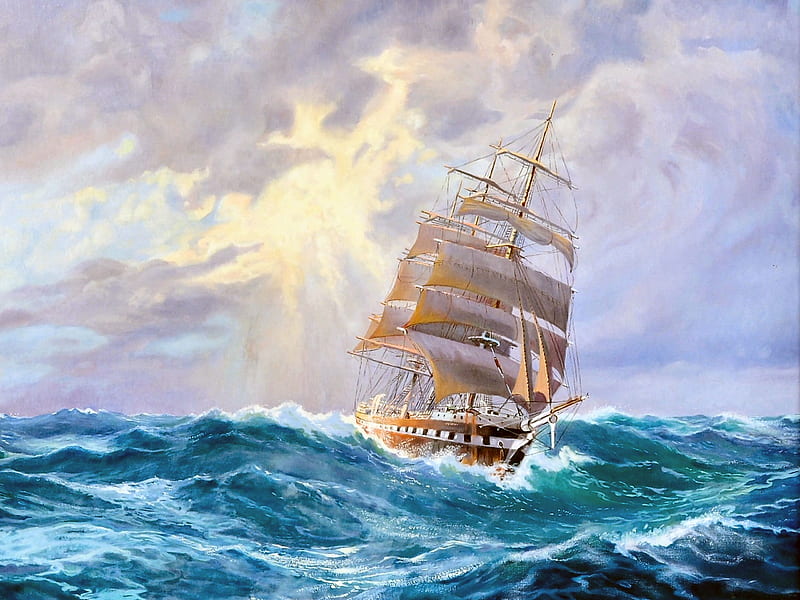 Tall Ship at Sea , art, ocean, bonito, waves, sailing ship, artwork, sea, high seascape, painting, wide screen, scenery, HD wallpaper